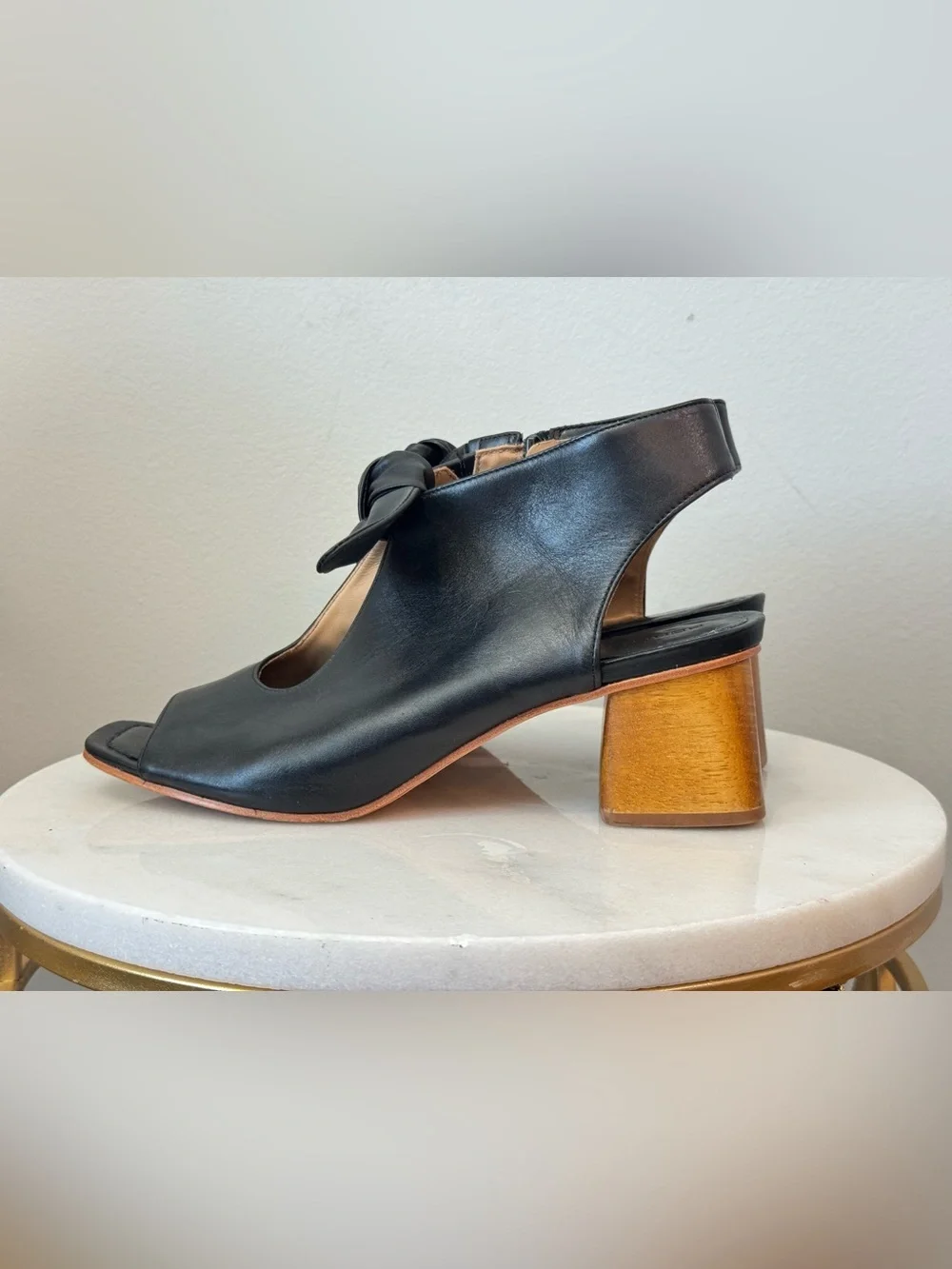 Bernardo Black Leather Open-Toe Knot Block Heel Sandals